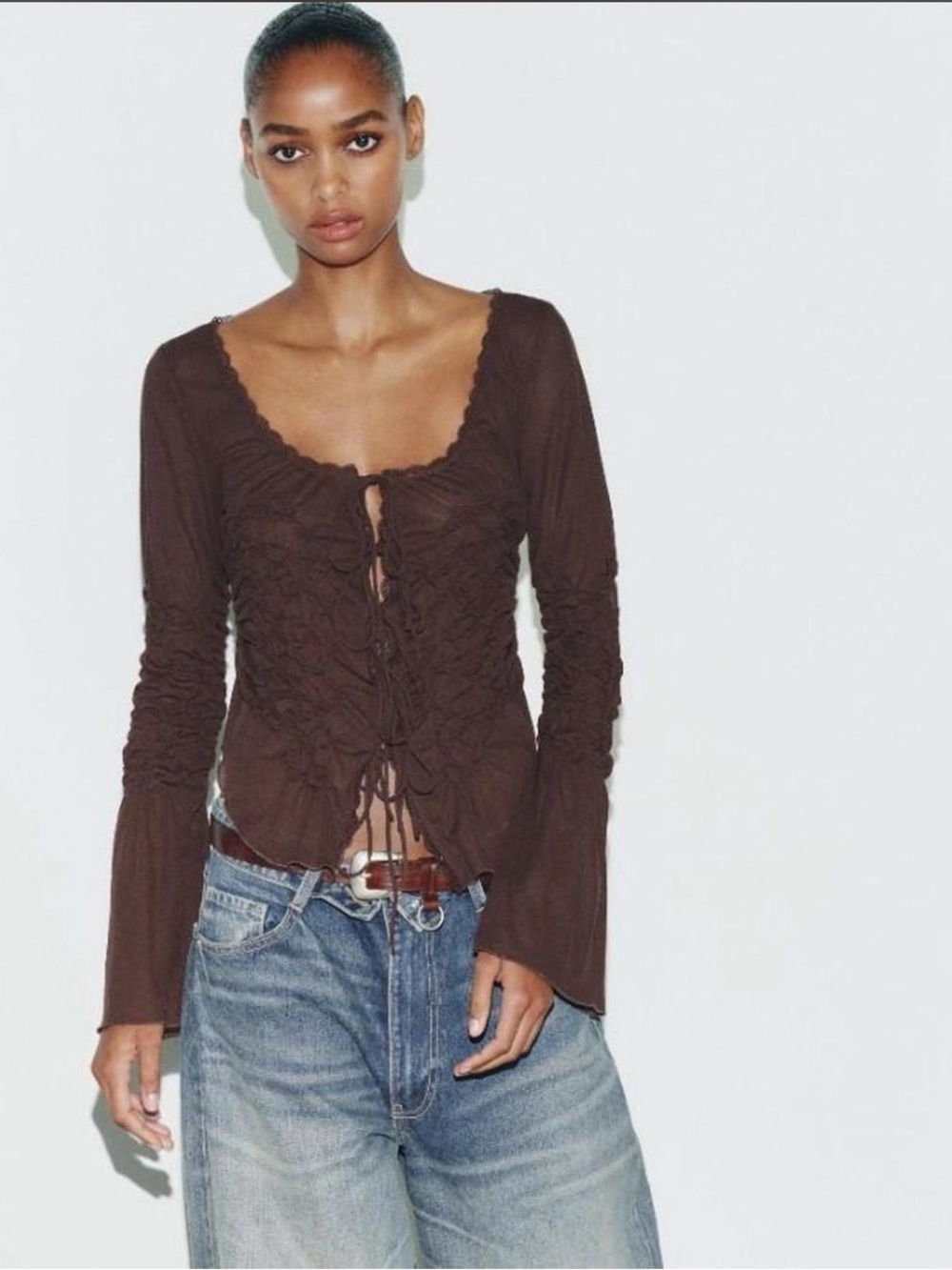 Zara Brown Ruched Tie-Front Top